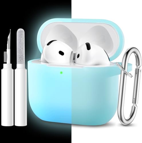 Maledan Cover Compatibile con AirPods 4 2024 Custodia, Case Protettiva Antiurto in Silicone Morbido per Apple AirPods 4 Generazione Custodia con Kit di Pulizia Moschettone [LED visibile],Blu luminoso