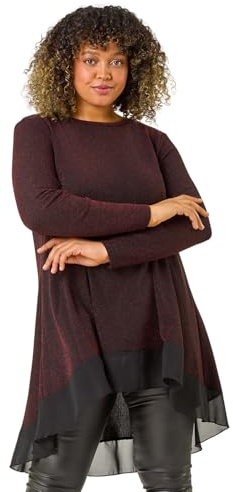 Roman Originals Chiffon Dipped Hem Top Asymmetric Tunic for Women UK Ladies Stretchy Jersey Flared Blouse Smart Fit & Flare Form Casual Loose Longline Party Hanky Tunics - Red Plus - Size 22