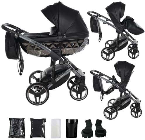 Junama Kinderwagen Diamond Hand Craft 2in1 3in1 4in1 (04 - Schwarz und Silber, 2in1 mit Adaptern)