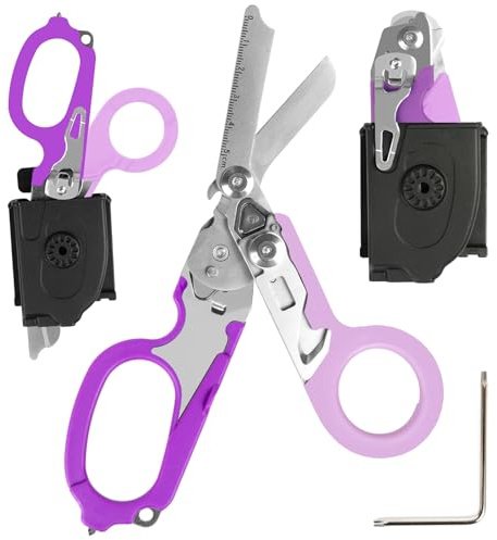 6 in 1 Emergency Response Shears Emergency Scissors Tool Stainless Steel Foldable Scissors Pliers with Strap Cutter and Glass Default (Purple with Holster)