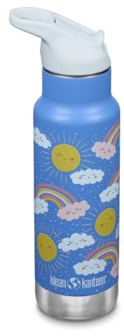 KLEAN KANTEEN Isolierte Kinderflasche, 355ml, Flip Sport Cap mit Trinkhalm, hellblau/Regenbogen