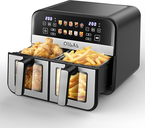 Oyajia Dual Zone Heißluftfritteuse mit Sichtfenster, 10L XL Kapazität Doppel-Airfryer, 10-in-1 Kochvorgaben, Touchscreen, Smart und Timer-Funktion, Gesunde Friteuse ohne Öl und fettarmes Kochen