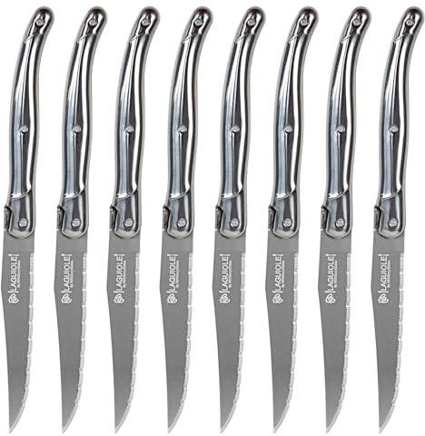 FSYGloryGlides Couteaux à Steak Style Classique – Set de 8, Lames Dentelées en Acier Inoxydable, Manche en Bois Naturel, Usage Quotidien & BBQ, Coffret Cadeau (Ensemble 8 pièces argenté)