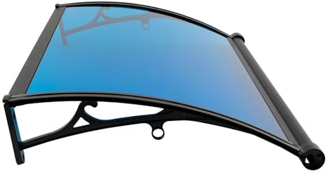 Vordach für Haustür 102x62cm - Aluminium Markise mit Regenrinne, Transparentes Pultbogenvordach, Pultvordach mit Mittelstange(Schwarz & Seeblau)