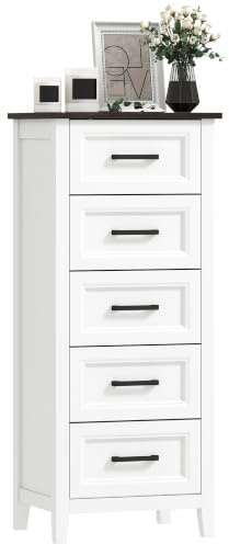 HOMCOM Schmale 5-Schubladen Schlafzimmerkommode 45x35x106cm Weiß | Hohe Schlafzimmerkommode, Holzoptik-Platte, platzsparende Kommode, Wohnzimmer, Flur, Eingang