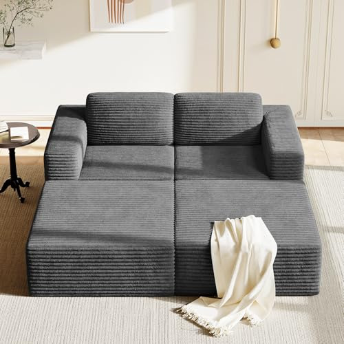 Vesgantti 202 cm Modulares Ecksofa, 2-Sitzer Sofa mit Schlaffunktion aus Cord, mit Federkern & 3D-Schaum, extra tiefer Sitzfläche, Polstersofa mit Ottomane, ohne Montage, Rutschfester Boden, Grau