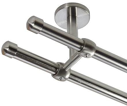 BASIT Gardinenstange Deckenmontage 2 läufig 120cm lang Edelstahl Look Metall Gardinenstange 2 läufig Deckenbefestigung Ø16mm I 120-600cm wählbar D21