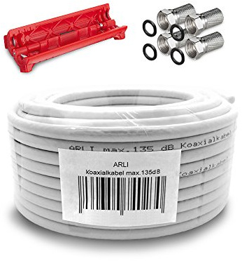 ARLI 20m Koaxialkabel – max. 135 dB 5-fach geschirmt UV-beständig + 4x F-Stecker & Abisoliermesser für DVB-S DVB-T2 4K HDTV