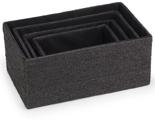 EHC Storage Baskets Set 4, Woven Basket Paper Storage Bin, Storage baskets for Shelves, Boxes for Makeup Closet Bathroom Bedroom Living Room, Black