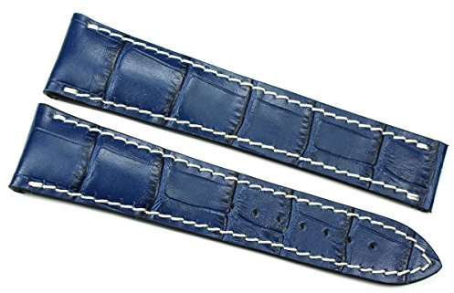 RIOS Handarbeit Handnaht Krokoprägung LEDERBAND für Faltschließe Weiße Naht 22 mm und 20 mm für Omega BAND Retro Look quality STRAP blau schwarz Top Qualität (22 mm, blau)