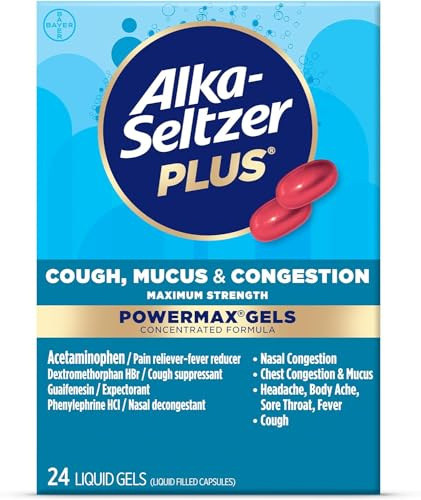 Alka-Seltzer Plus Maximum Strength Cough, Mucus & Congestion Powermax Liquid Gels, Fast and Effective Chest Congestion Relief, Cough Suppressant, For Adults and Children 12 Years and Older 24 Count