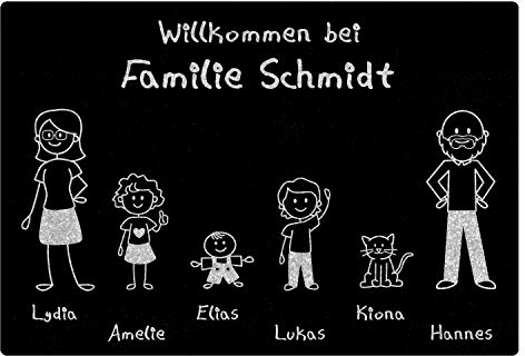 Personalisierte Fußmatte Familie im Comic Style | Türmatte mit bis zu 6 Namen und unterschiedlichen Figuren - Herzlich Willkommen bei Familienname | Fussmatte für Wohnungstür und Haustür | 60 x 40 cm