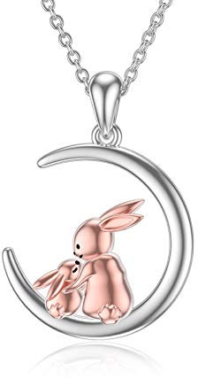 HARMONY BOLA Mère Et Fille Collier Lapin Animal Pendentif Amour Lune Bijoux 925 en Argent Sterling Cadeau d'Anniversaire pour les Femmes Fille Lapin Amoureux
