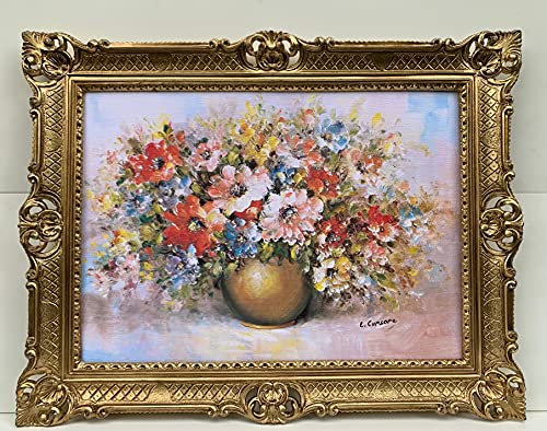 artissimo Gemälde Stillleben Blumen in Vase Gold in Barock Rahmen Antik 90x70 Blumen Bild mit Rahmen Wohnzimmerbild Gerahmte Gemälde Wanddeko Antik Wandbild