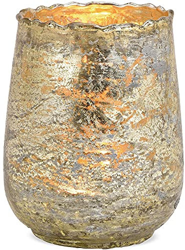 matches21 Windlicht/Kerzenglas/Teelichtglas Glas in Kelchform mit welligem Rand Vintagelook Gold 1 STK - Ø 10x12 cm