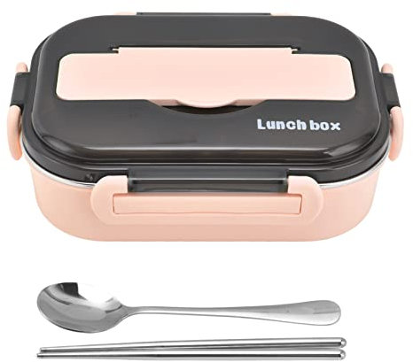 Jenngaoo Fiambrera Bento, Fiambrera de Acero Inoxidable de 1000ml y 2 Compartimentos con Cuchara para Palillos, Recipientes Portátiles para Almacenamiento de Alimentos(Rosado)