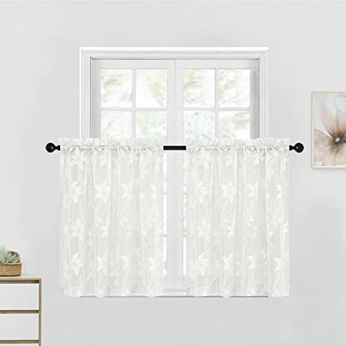 DWCN Kurze Vorhänge mit floralem Spitzenmuster, für Stangentasche, Voile, durchscheinende Vorhänge für Küche, Wohnzimmer, Badezimmer, kleines Fenster, 106,7 x 91,4 cm, 2 Paneele, Spitzenweiß