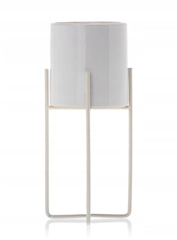 HowHomely Keramik Blumentopf mit Metallständer 23,6 x 10,4 cm für Wohnzimmer - Deko Blumenübertopf mit Pflanzschale Rund 9,1 cm Ø Weiß Übertopf