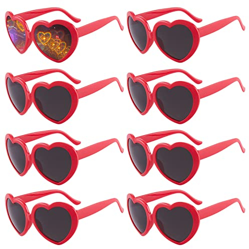 Qixuer Herz Brille Effekt, 8 Stück Rot Lustige Sonnenbrillen Set Heart Effect GlassesSpezialeffektbrillen Lustige Brillen für Fasching Musikfestivals Party Bar Feuerwerk für Männlich und Weiblich