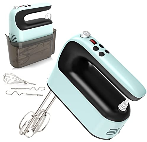 Yomelo 9-Speed Digital Hand Mixer Electric, 400W Powerful DC Motor, Baking Mixer Handheld with Snap-On Storage Case, Touch Button, Turbo Boost, Dough Hooks, Whisk (Ice Blue)