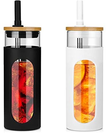 Tronco Glasbecher mit Bambusdeckel und Strohhalm, 625 ml, wiederverwendbare Eiskaffeetasse für Boba-Tee, Smoothies und kalte Getränke, auslaufsicherer Glasbecher mit Silikonhülle, spülmaschinenfest