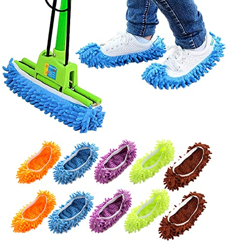 Mop Schuhe Waschbar Wiederverwendbar Wischmopp Hausschuhe Mikrofaser-Staubmopp-Socken Putzschuhe Set Multifunktional für Reinigung von Staub, Schmutz und Haaren im Hausboden(5 Paare, 5 Farben)
