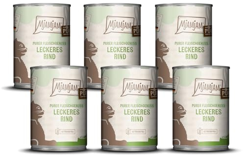 MjAMjAM - Premium Nassfutter für Katzen - purer Fleischgenuss - leckeres Rind pur 400g, 6er Pack (6 x 400g), naturbelassen mit extra viel Fleisch