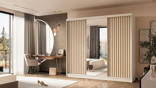 ALTDECOR Kleiderschrank mit Spiegel und Schiebetüren, kugelgelagerte Führungsschienen und Aluminium-Leisten - LAMELO - 240 cm Weiß + Weiß + Artisan