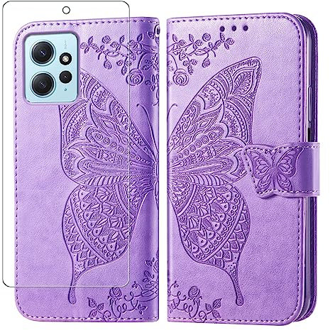Funda con Protector para Xiaomi Redmi Note 12 4G, Carcasa Libro de Premium PU Cuero Tapa con Ranura para Tarjetas Repujado de Mariposa Color Lila