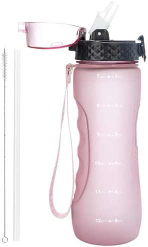 OLDLEY 750ml/25oz Water Bottles with Straw BPA Free Tritan Water Bottles for Gym School Sports Travel Leakproof Time Markings Drink Bottles Reusable Hydrate for Adult Kids Women Men(Pink, 1 Lid)