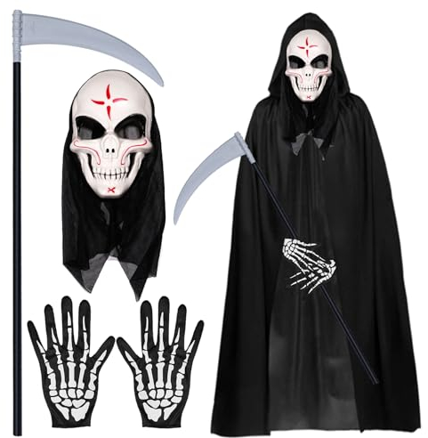 Halloween Kostüm, Halloween Gesicht Maske, 140CM Umhang mit Kapuze Cape, Vampir Kostüm Umhang mit Ghost Festival Horror Maske Skelett Handschuhe Sense des Todes für Halloween Party Dekoration Cosplay