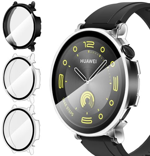ivoler 3 Pièces Dur PC Coque avec Protection écran en Verre Trempé pour Huawei Watch GT 4 41mm, Couverture Complète Étui de Protection Anti-Rayures Bumper Housse (2 Transparent + 1 Noir)