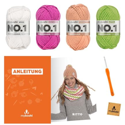 myboshi Häkelset Schlauchschal Ritto, Häkelset für Anfänger, Ink. No.1 Wolle, Häkelnadel, Anleitung, Label, 30% Merinowolle Rosa mit Häkelnadel