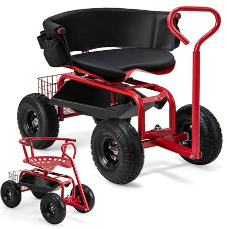 RELAX4LIFE Chariot de Jardin avec 4 roulettes Siège Pivotant 360° Hauteur Réglable Poignée Extensible Panier de Rangement, Chariot de Outil pour Garage Pelouse Cour Charge 135 kg Rouge