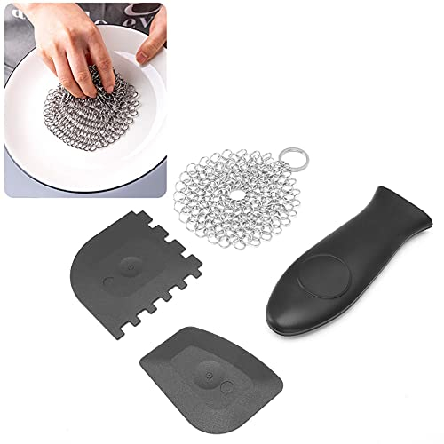 Stainless Steel Cast Iron Cleaner Kit, Chainmail Scrubber for Cast Iron Pans, Toothed Scraper with Handle Cover, Durable Scrubber for Cleaning Dutch Ovens, Waffle Irons, and More