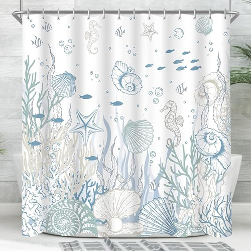 Lerores Rideau de douche 180 x 200 cm, textile anti-moisissure, motif fond marin, ourlet lesté, imperméable, lavable, en tissu polyester, avec œillets et 12 anneaux de rideau de douche, pour salle de