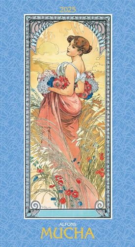Alpha Edition - Alfons Mucha 2025 Bildkalender, 33x60cm, Kunstkalender mit hochwertigen Kunstdrucken für jeden Monat, mit stilvollem Glitzereffekt und internationalem Kalendarium