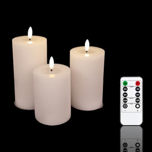 Meisterhome® 3er-Set Flammenlose LED Kerzen - Weiß - Ribble Design Stumpenkerze - mit Fernbedienung – mit Timer - Batteriebetrieben – Warmweiß - 10/12,5/15 cm hoch - mit flackernder Flamme