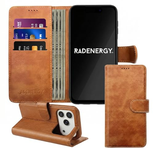 RadEnergy EMF Protection Anti Radiation iPhone Leather Flip Folio Case for i-Phone, Genuine Leather Wallet Case/Cover with Card Holder & Stand Function (Brown, i-Phone 15 Pro Max)