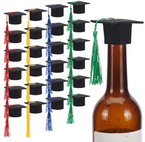 FINGERINSPIRE 24Pcs Mini Cute Graduation Cap 4 Colors Wine Bottle Toppers Grad Hat Graduation Bottle Cap with Tassels Small Decorative Hat for Graduation Party Drinker Bottle Topper Table Decoration