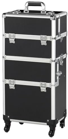 Yaheetech Makeup Train Case 3 in 1 Cosmetic Organizer Large Hairdressing Vanity Case Travelling Trolley Box on Wheels,Black