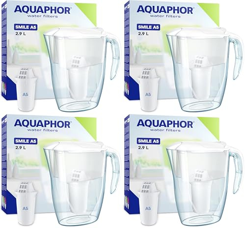 AQUAPHOR Water Filter Jug Smile, Space-saving, Lightweight Fridge door fit 2.9L Capacity 1 X A5 350L Filter Included Reduces Limescale Chlorine & Microplastics, White. (Pack of 4)