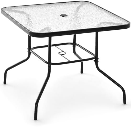 GYMAX Tavolo da Giardino in Vetro, Tavolino Quadrato con Foro per Ombrellone, Aspetto Moderno per Giardino, Patio, Balcone