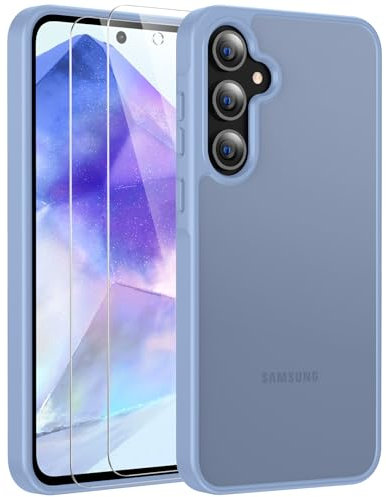 FLLAO Matt Handyhülle für Samsung Galaxy A35 5G Hülle und 2 Schutzfolie, mit Kameraschutz [Militärnorm Schutz] urchscheinende PC Rückseite TPU Bumper Hülle für Samsung A35 5G - Blau