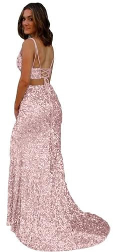 Deux Pièces Robes De Bal 2024 Longue Sirène Paillettes Col V Spaghetti Bretelles sans Manches Fente Formelle Robes De Bal pour Femmes Rose Gold S
