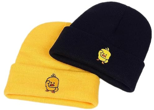 LANLYLGQ 2Stück Beanie Unisex Herren Damen Wintermütze Strickmütze Warmmütze Skimütze Stickerei Ente Smiley Face (Ente-Schwarz&Gelb)