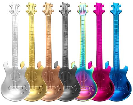 Foyscr 7 Piece Guitar Coffee Teaspoon, Stainless Steel Latte Spoon, Ideal Music Coffee Gift Set, Cute Teaspoon Set, Ice Cream, Dessert, Stirring, Sugar Spoon, Creamer