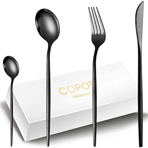 COPOTIO Black Cutlery Sets for 6 People, 24 Pieces Stainless Steel Silverware Set with Knife Fork Spoon, Slim Handle
