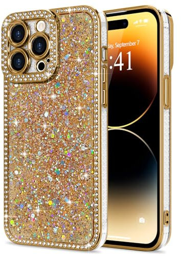 Lafunda for iPhone 14 Pro Max Case for Womens Girls, Luxury Bling Glitter Diamond Crystal Festival Shiny Case Camera Protection Shockproof Silicone TPU Phone Cover for iPhone 14 Pro Max 6.7, Gold