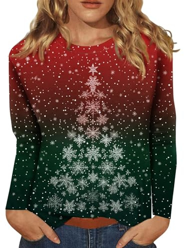 Weihnachtspullover Damen Lustig Langarm Rundhals Top Merry Christmas | Weihnachtspulli Stylische Tops Große Größen Schneeflocke Soft Blusentop Weihnachten Geschenke